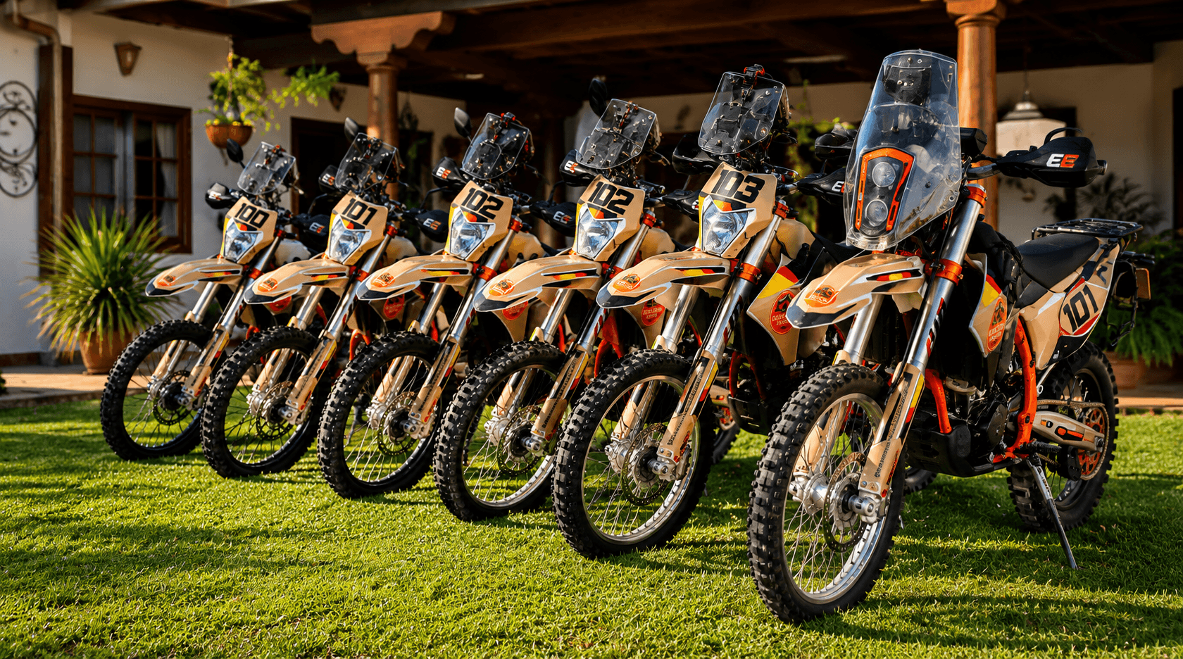 Fleet hero — lightweight enduro motorcycles prepared for expedition travel